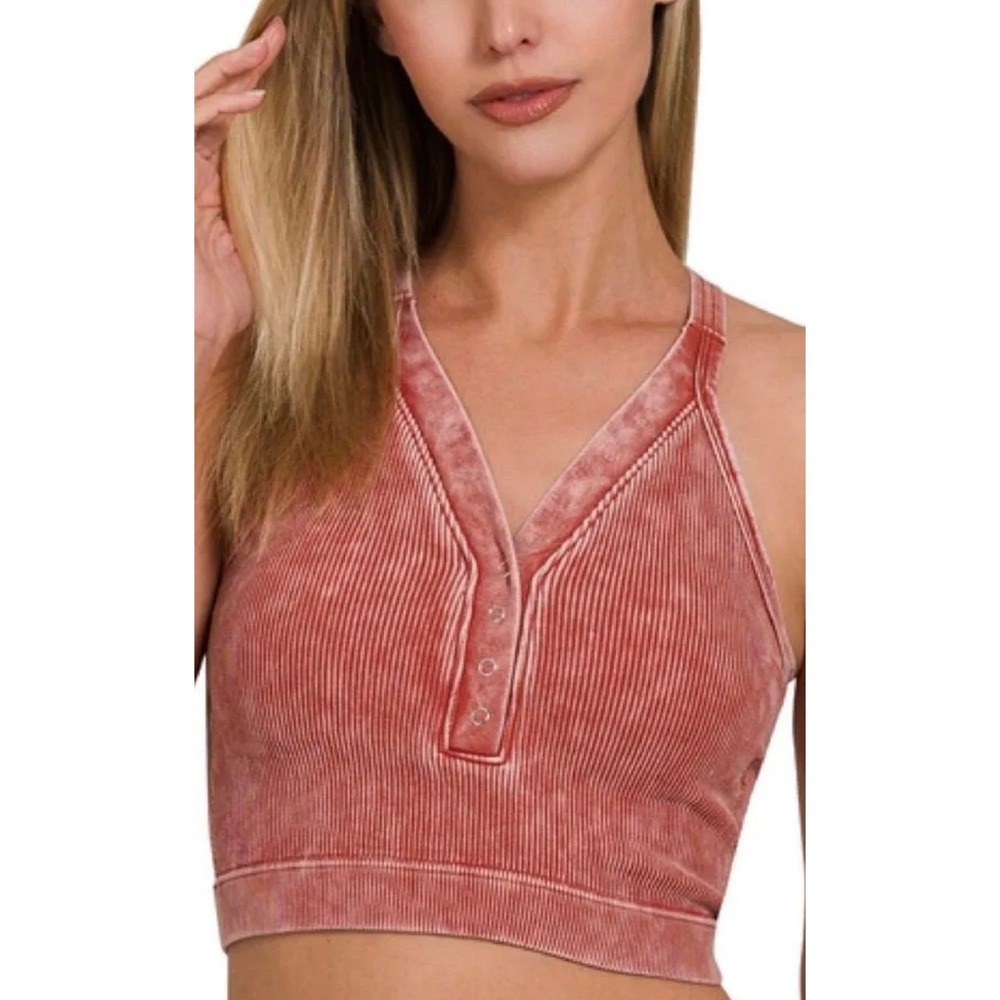 Zenana Womens Acid Wash Henley Ribbed Crop Top Brami Rust NTW-6188A L/XL